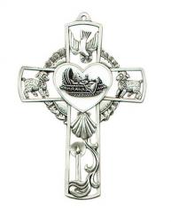  Pewter Baby Wall Cross White (5\") 